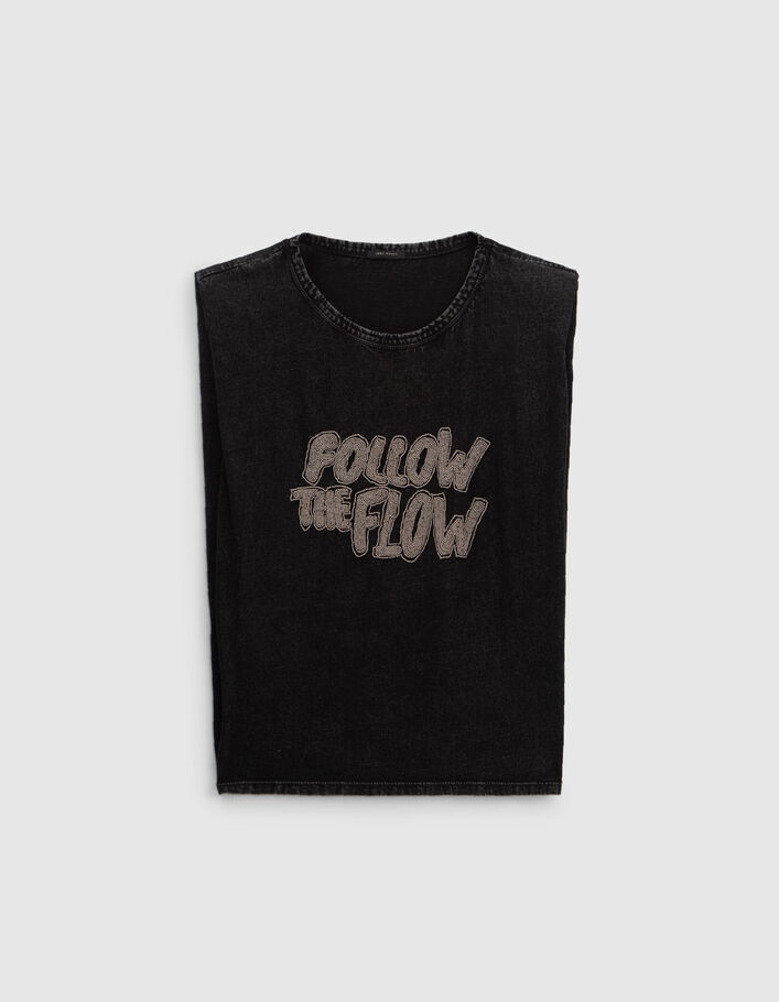 Tee-shirt noir message brodé perles Femme