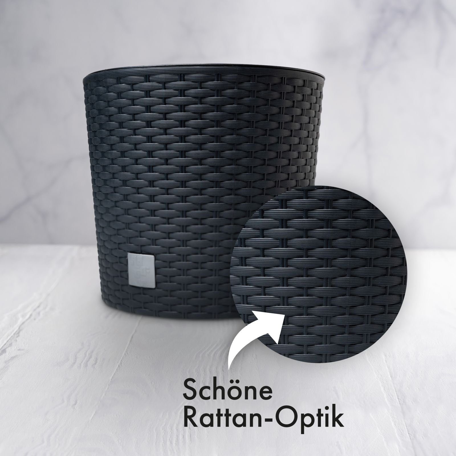 astor24 Blumentopf 2x Blumentopf Rattan Blumenkübel Pflanzentopf (Blumentopf Garten Balkon Blumen Topf Kräutertopf, 2 Blumentöpfe), Durchmesser 20 cm - 2 Blumentöpfe - hochwertig verarbeitet - mit Wasserüberlauf - fertig montiert