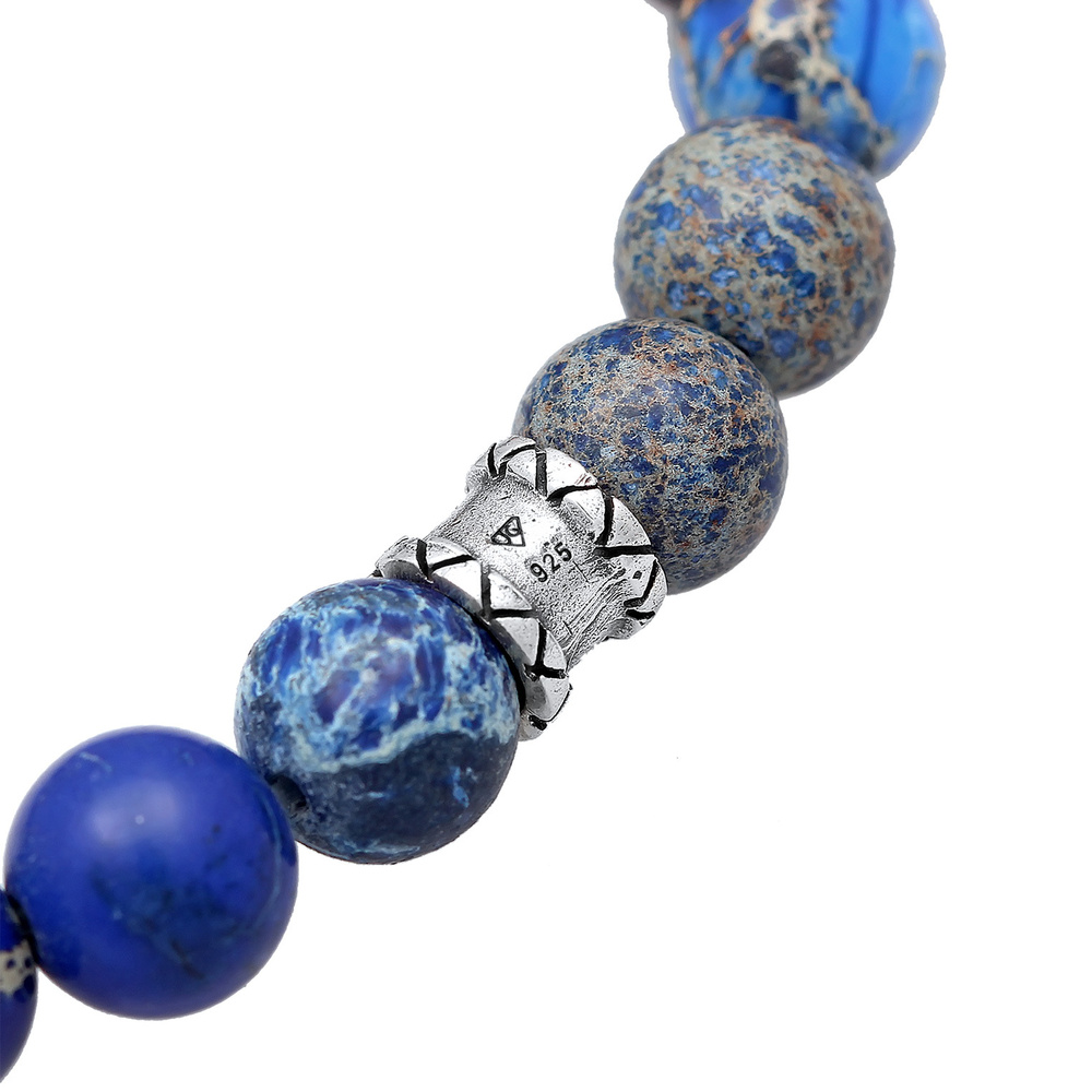 KUZZOI KUZZOI Bracelet Hommes perles avec agate bleue en argent sterling 925 oxydé Bracelet
