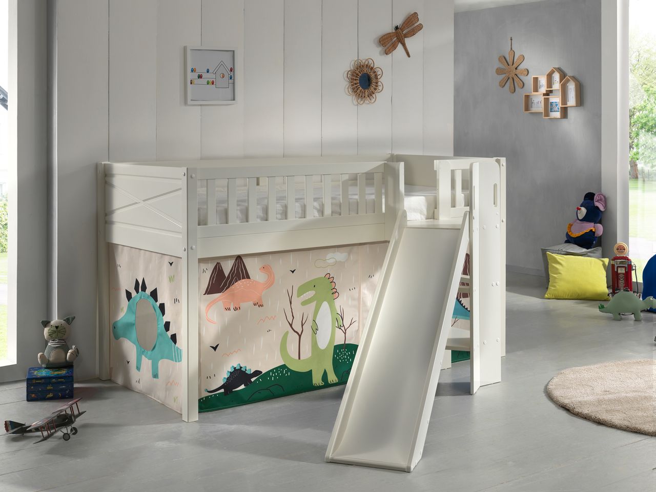 VIPACK Spielbett SCOTT, LF 90 x 200 cm, mit Rolllattenrost, Rutsche, Leiter und Textilset 