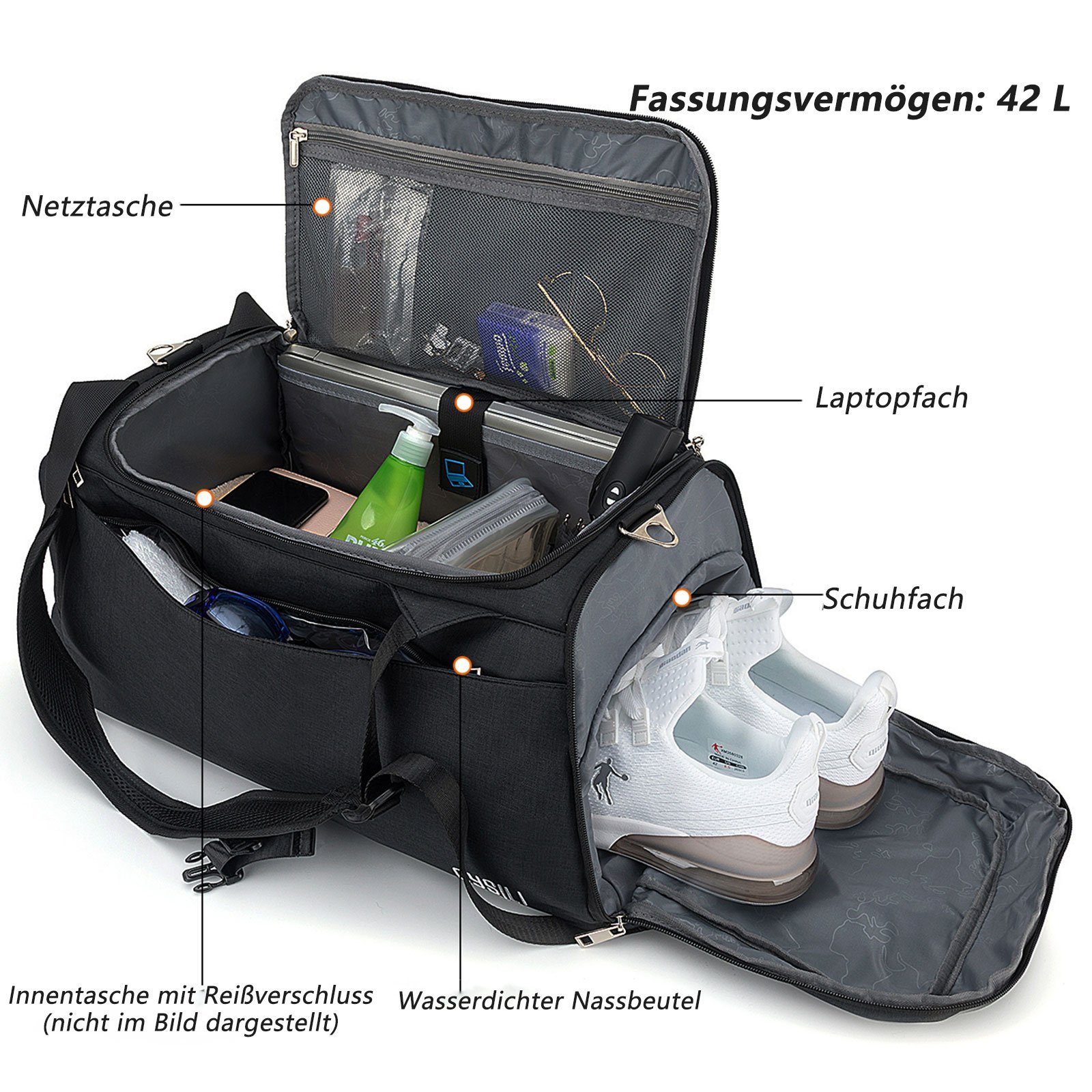 OKWISH Reisetasche Trainingstasche Sporttasche Handtasche Schultertasche Seesack Sport (Fitness Tasche Schwimmtasche Sport Reise Tasche Übernachtungstasche, 42L, Zahlenschloss, groß, Weekender, mit Schuhfach Nassfach), Männer Frauen Reisen Gym Urlaub