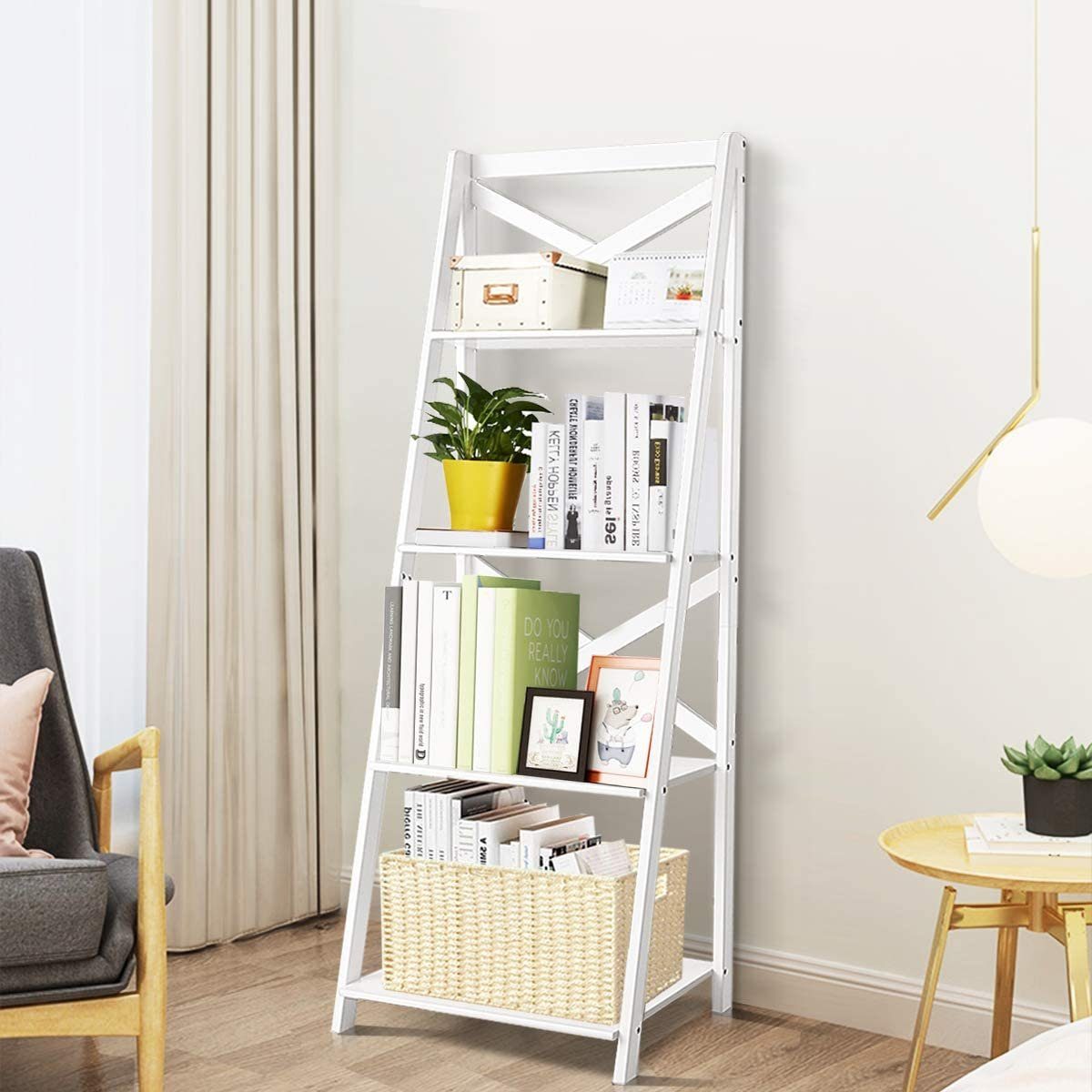 COSTWAY Leiterregal Bücherregal, 1-tlg., 4 Ebenen, aus Holz, 50x45x145cm