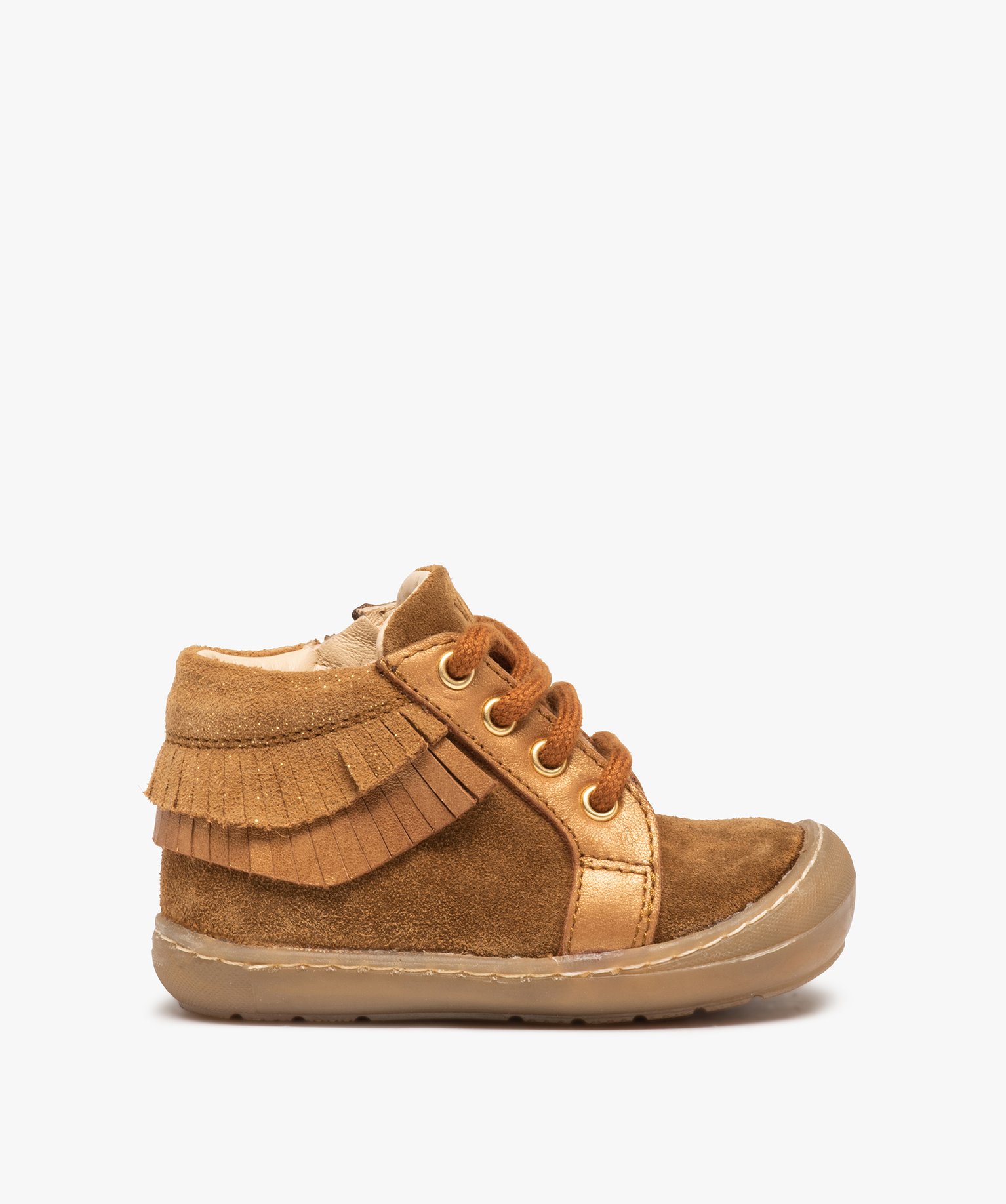 Chaussures premiers pas bébé fille dessus cuir à franges ... camel | GEMO
