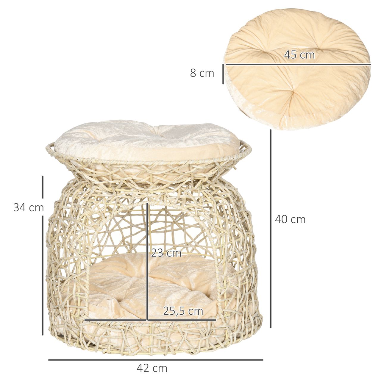 PawHut Katzenhöhle aus Rattan, 2 Etagen, Katzenhütte mit Kissen, Katzenhaus