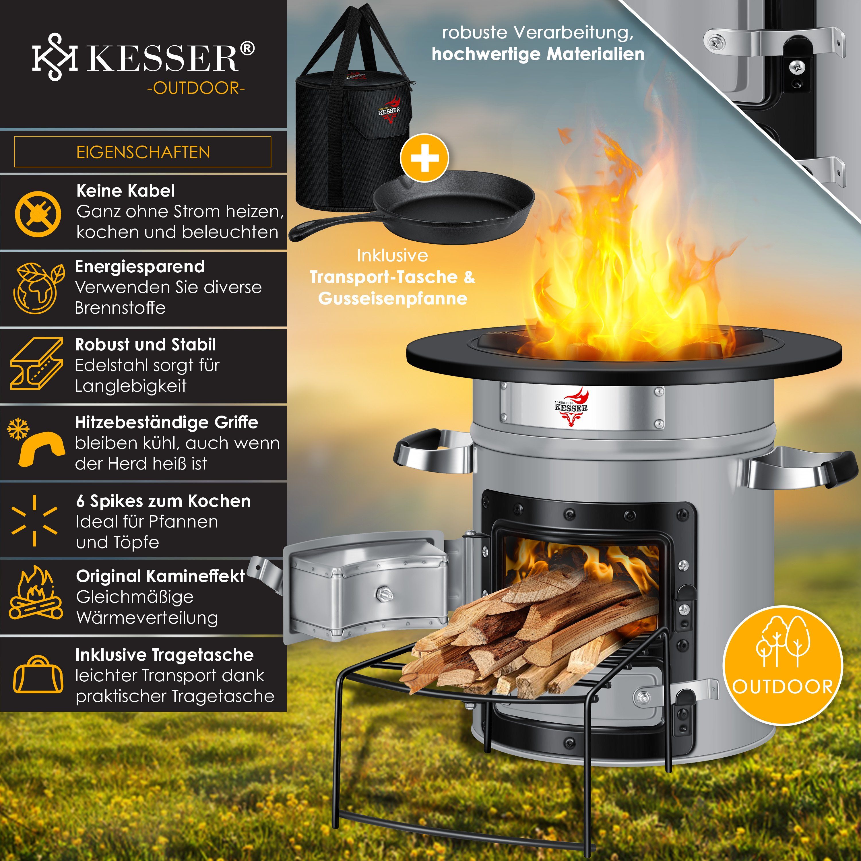 KESSER Feuerstelle, Raketenofen Inkl. Grillpfanne aus Gusseisen mit Tragetasche