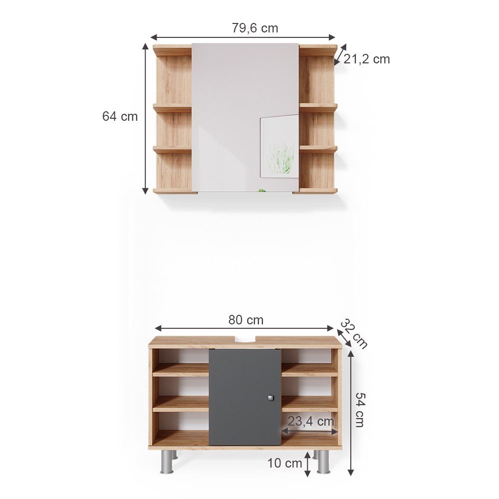 Vicco Badmöbel-Set Badezimmerset FYNN Eiche / Anthrazit Set 5, (2-er Set, 2-St., 2-er Set)