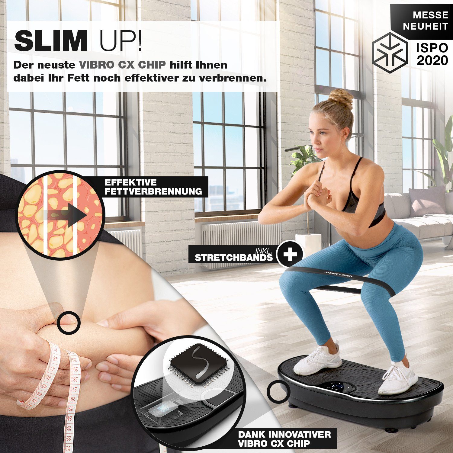 Sportstech Vibrationsplatte VP250, 200,00 W, 99 Intensitätsstufen, 5x EXTRA Sportstech Fitness-Bänder