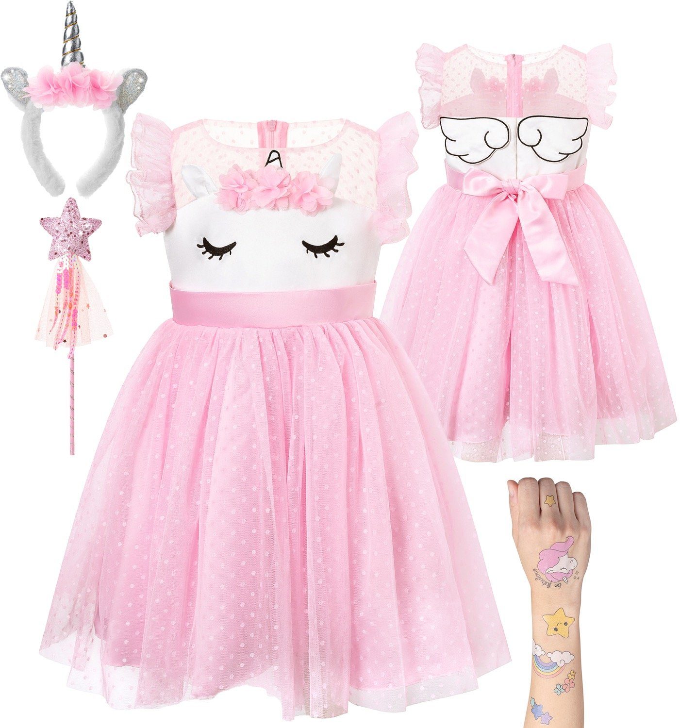 Corimori Prinzessin-Kostüm Bequemes Einhorn Kleid für Mädchen mit Flügeln, Haarreif, Glitzer, Zubehör, Einhornkleid, Unicorn Kleid für Fasching, Rosa, Größe 110/116