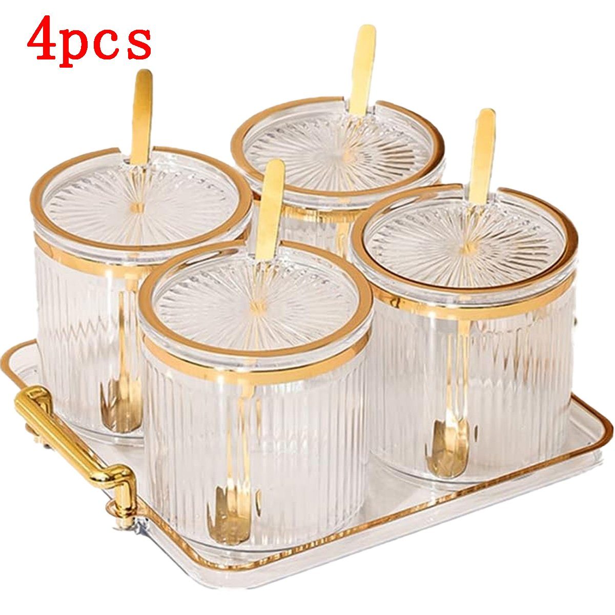 Einemgeld Gewürzbehälter 4 Stück Acryl-Gewürzgläser, mit Deckel, Löffeln und Tablett, 360ml, PET, Acryl, (Set, 4-tlg. Gewürzdose mit Deckel)