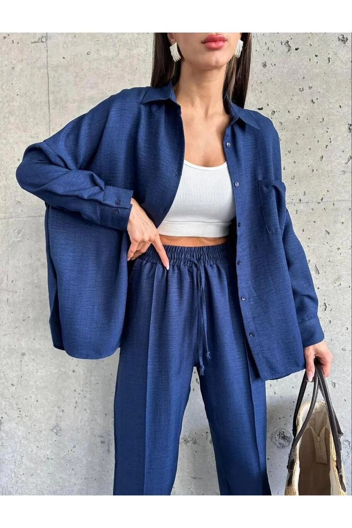 ZF BUTİK  Damen Set aus Hemd und Hose aus doppeltem Leinen in Blau