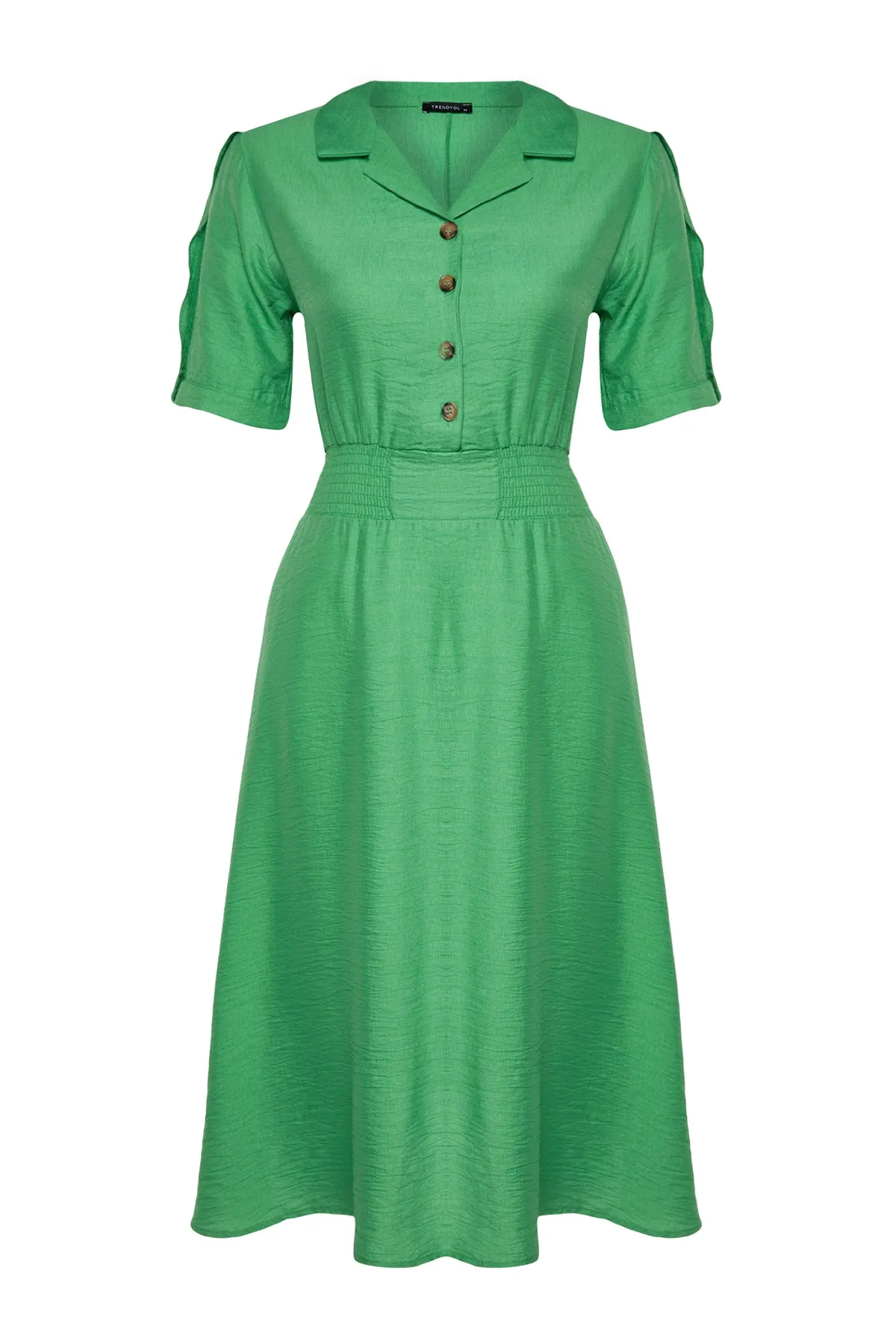 Trendyol Curve  Grünes Webkleid mit elastischem Bund und Knopfdetail TBSSS22EL1563