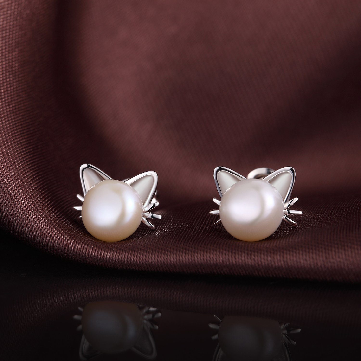 POCHUMIDUU Paar Ohrstecker 925 Sterling Silber Katze Süßwasserperlen Ohrstecker Kinderohrringe (2-tlg), 925 Silberschmuck für Frauen, Niedliche Kinder-Ohrringe