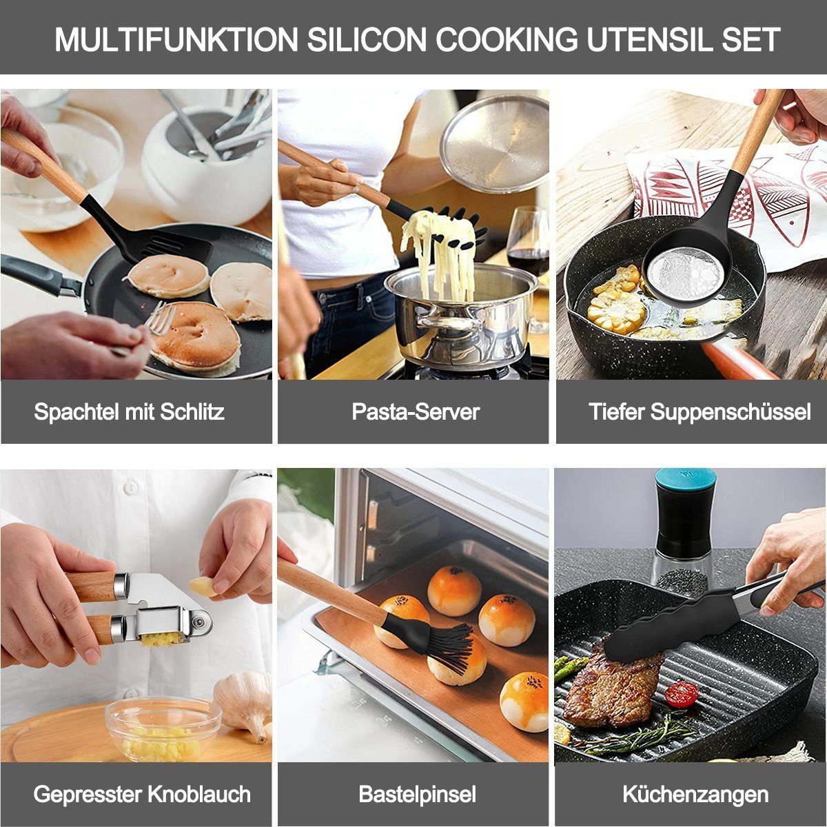 DOPWii Kochbesteck-Set 18 Stücke Silikon Kochgeschirr Set, Schwarz