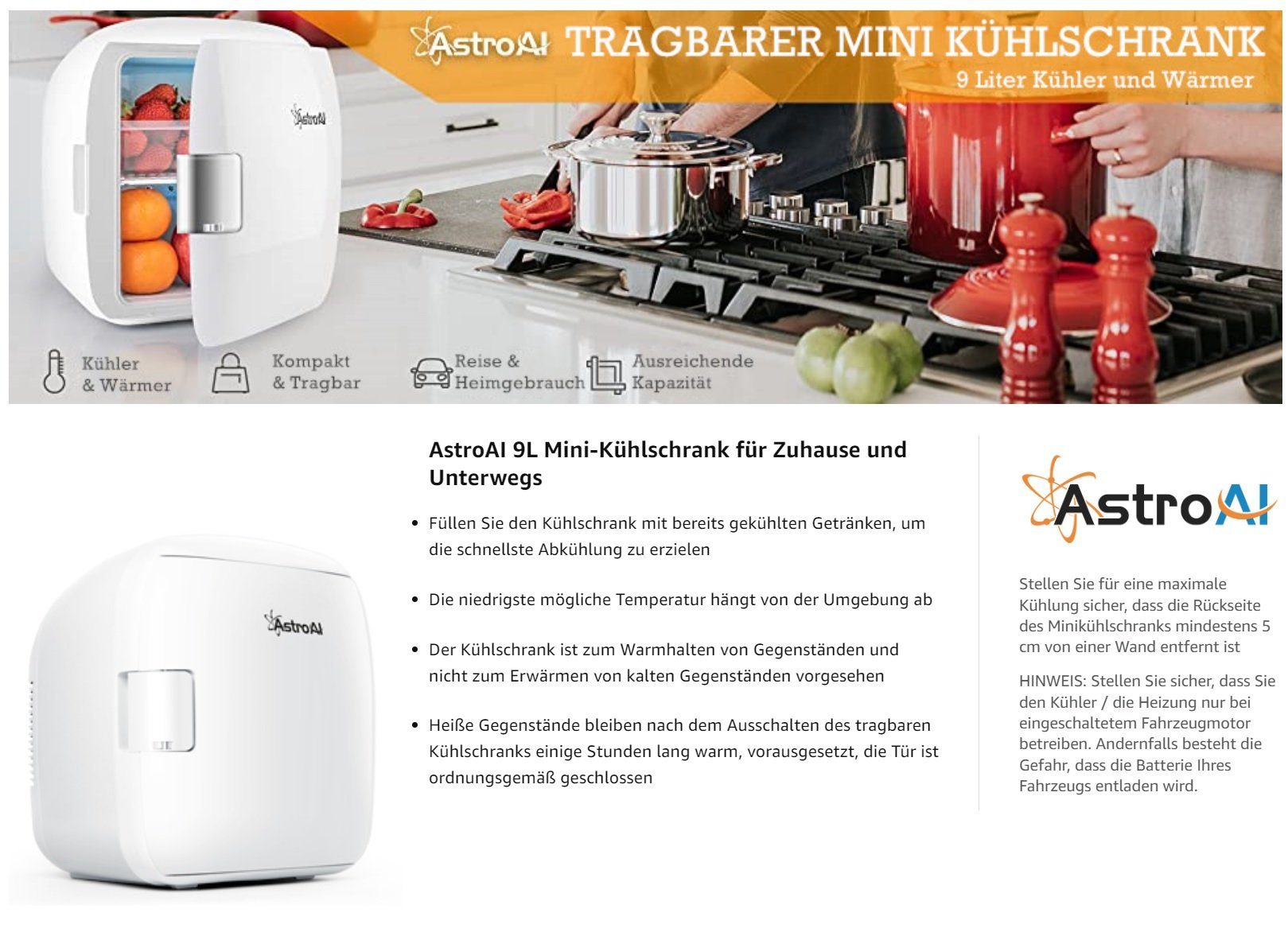 JUNG Getränkekühlschrank ohne Gefrierfach, 9L, für Unterwegs & Zuhause, Getränke & Kosmetik ASTROal, Mini Kühlschrank, Minikühlschrank leise, Kühlschrank klein