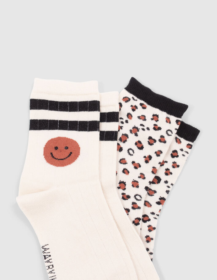 Chaussettes écrues rayures et léopard fille