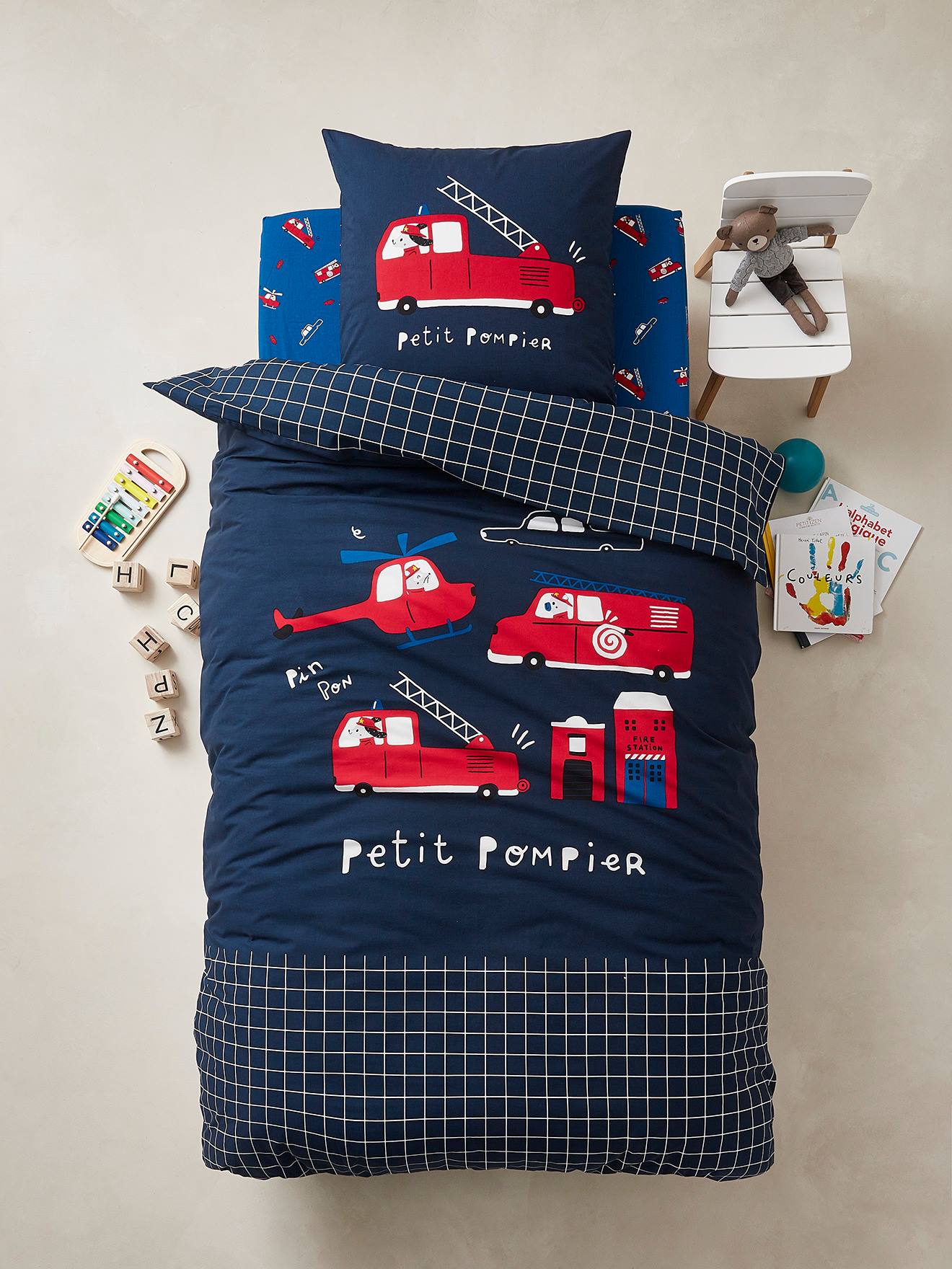 Drap-housse enfant PETIT POMPIER bleu
