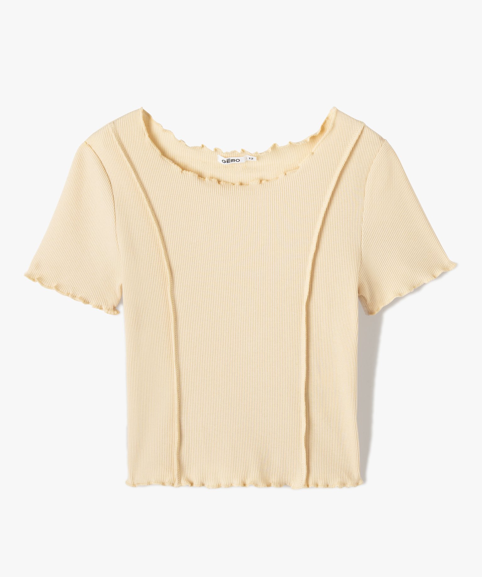 Tee-shirt fille en maille ctelée avec finitions froncées beige clair | GEMO