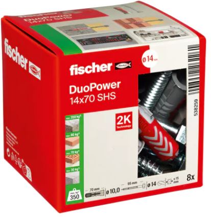 Fischer 538259 DuoPower plug 14x70 with hexagon screw 8 pieces
