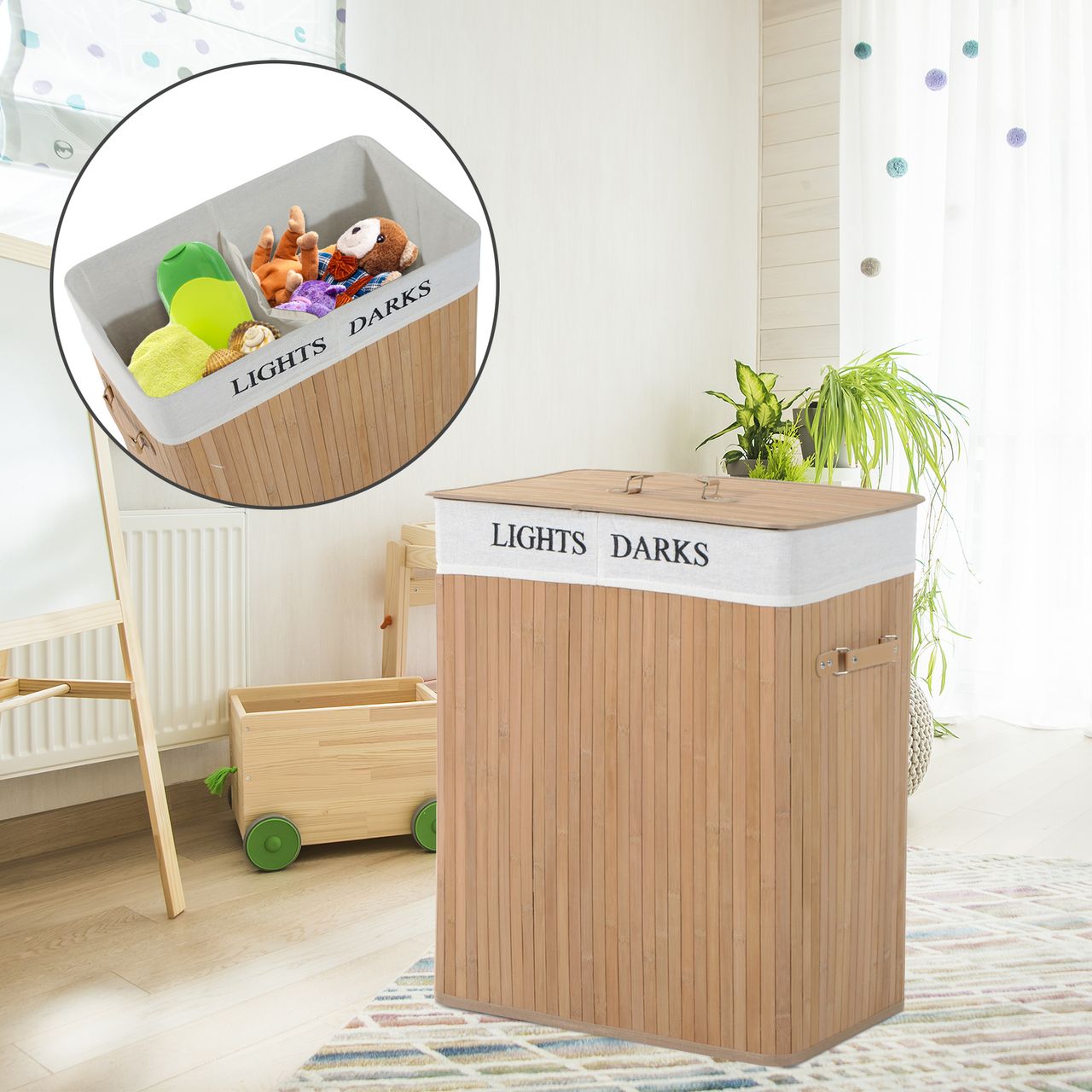HOMCOM Wäschekorb Wäschebox Wäschesammler mit Deckel Segeltuchsack Segeltuch   Bambus Natur 100L 52 x 32 x 63 cm