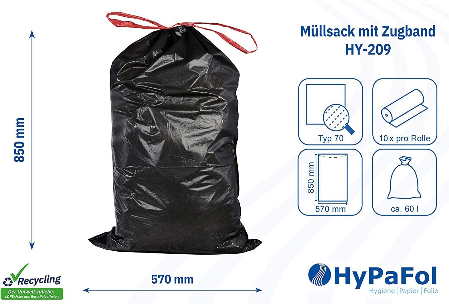 Hypafol Müllbeutel Typ 60 mit Zugband, 35 - 60 Liter I stabil & reißfest