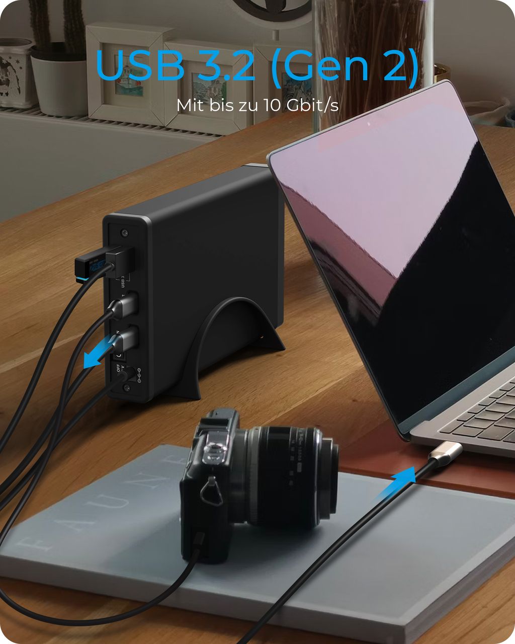 ICY BOX IB-382H-C31, Gehäuse für 1x HDD/SSD mit USB 3.2 (Gen 2) Type-CAnschluss und USB Hub