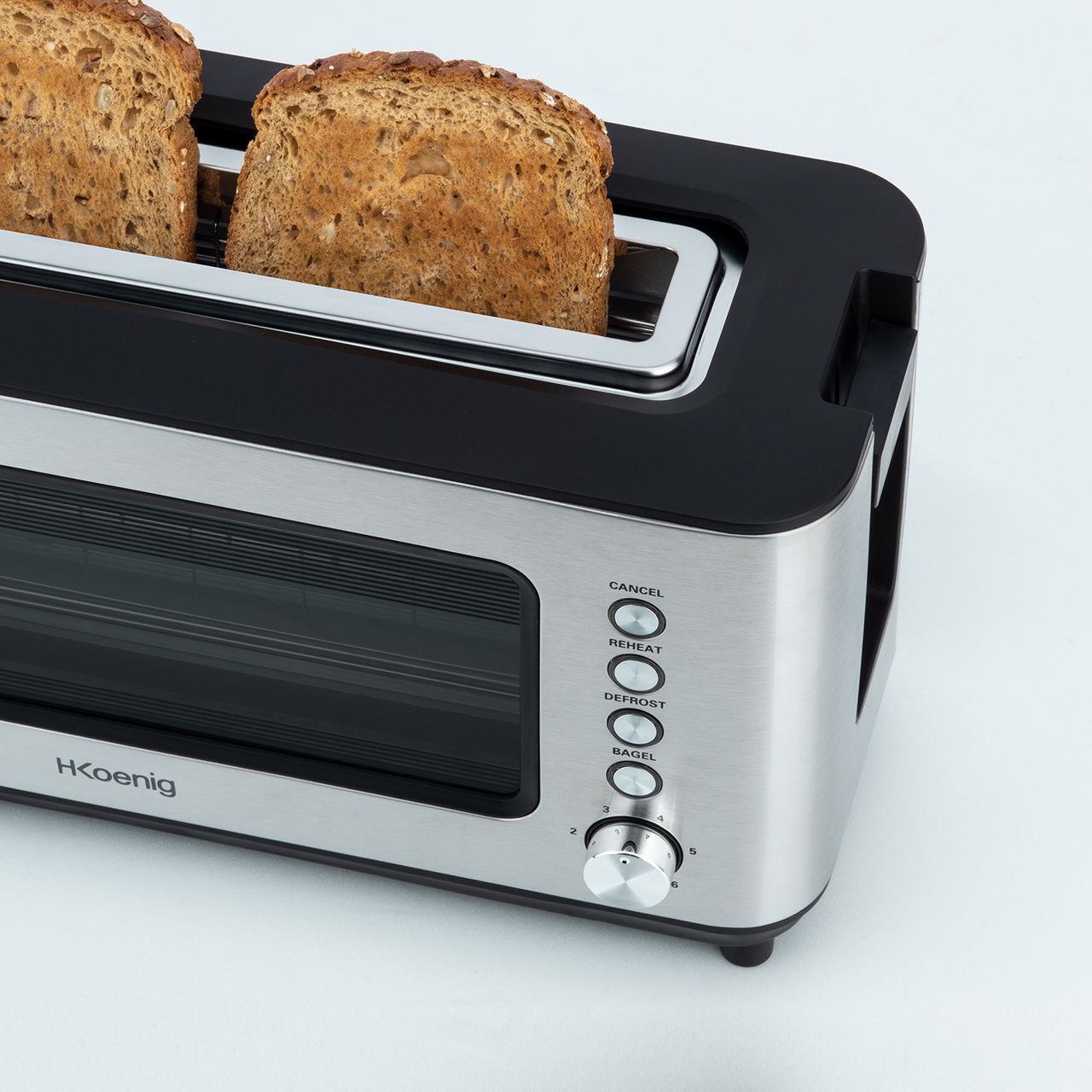H.Koenig VIEW7 / Vintage-Edelstahl / 2 Scheiben / 6 Bräunungsstufen/Auftaufunktion/Brötchen, Toast/einfache Reinigung / 1200 W, Glas, 37x19x15 cm