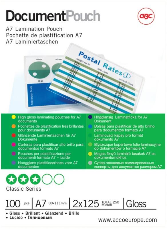 GBC Document Laminierfolien A7 Glänzend 125 Mikron (2 x 125) Transparent 100 Stück
