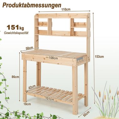 COSTWAY Pflanztisch, 3-stöckiges Langregal Ablageboden 3 Haken, 108x50x153cm