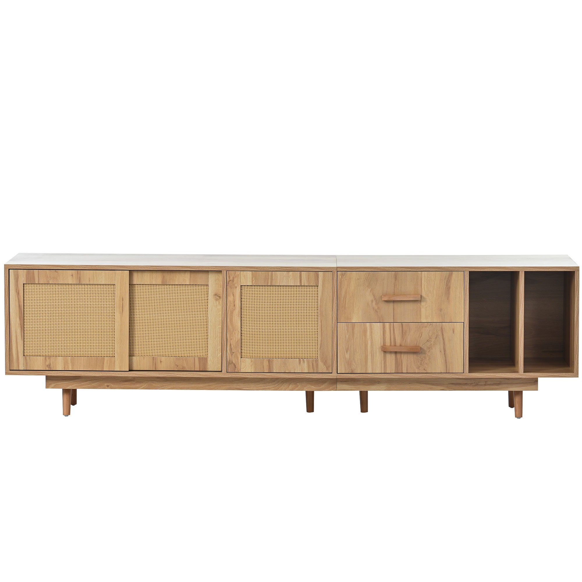 BlingBin TV-Schrank Lowboard TV-Board Rattan-Türdesign Natural Oak Breite 190cm (Mit drei Schränken und zwei Schubladen) Geeignet für Fernsehgeräte bis zu 80 Zoll