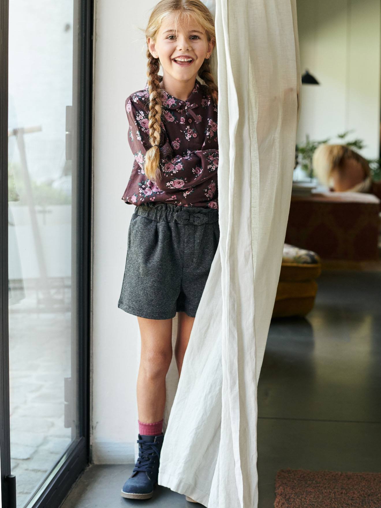Short à carreaux fille marron