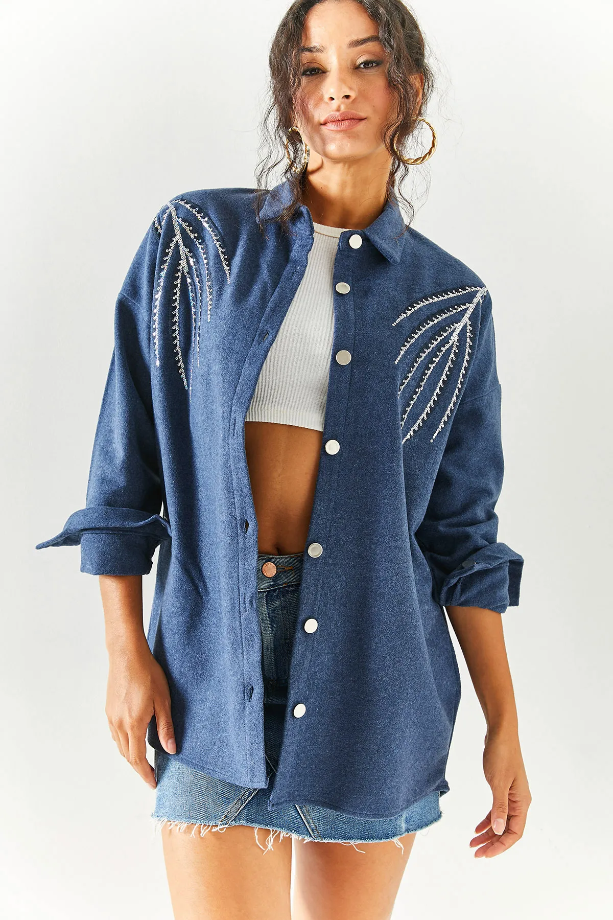 Olalook  Damenbluse mit Blatt-Indigo-Pailletten und Paillettendetails, Oversize-Stempelhemd GML-19001145