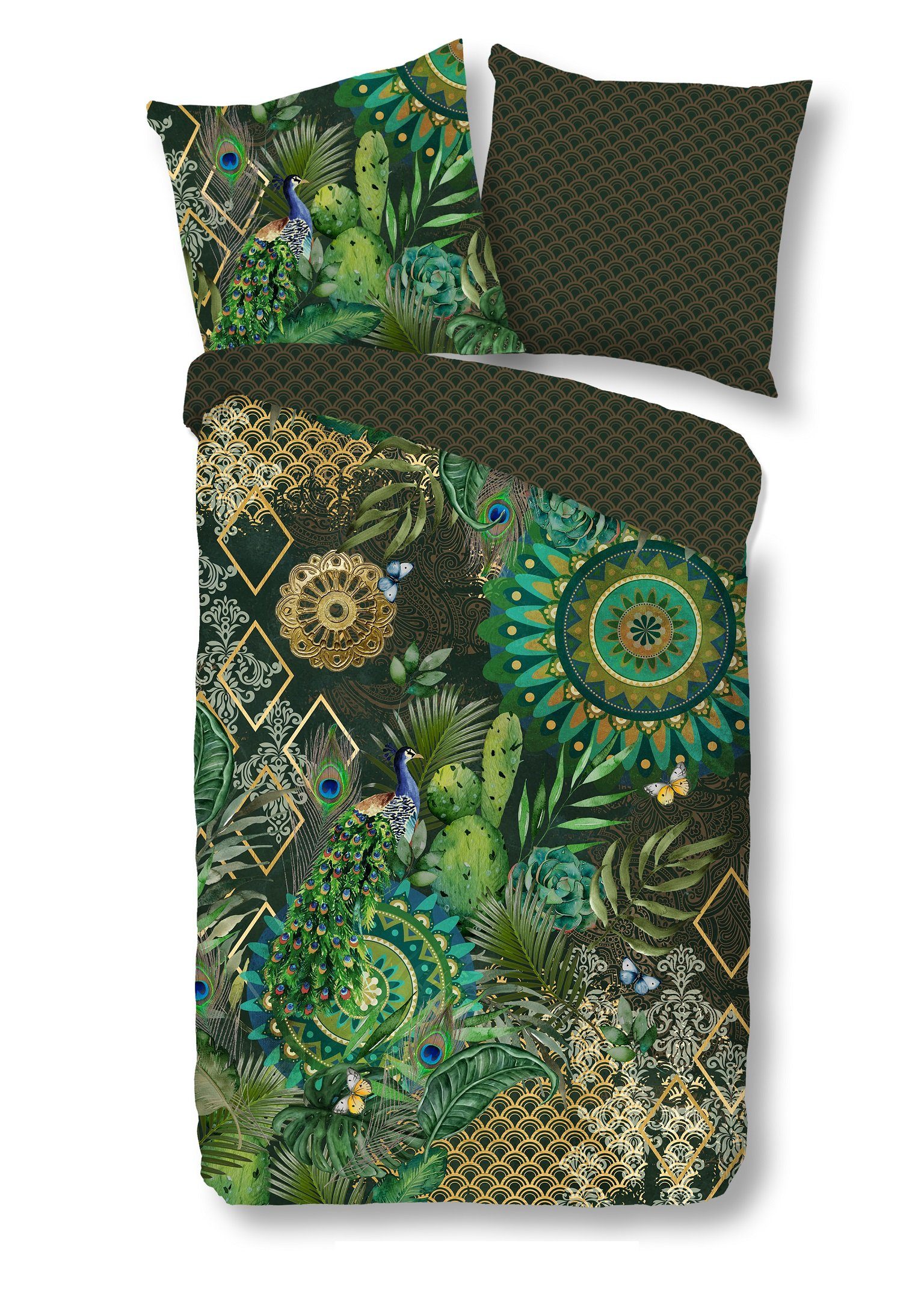 Bettwäsche Comfort Baumwolle, Traumschloss, Flanell, 2 teilig, grüne Mandalas mit Pfau