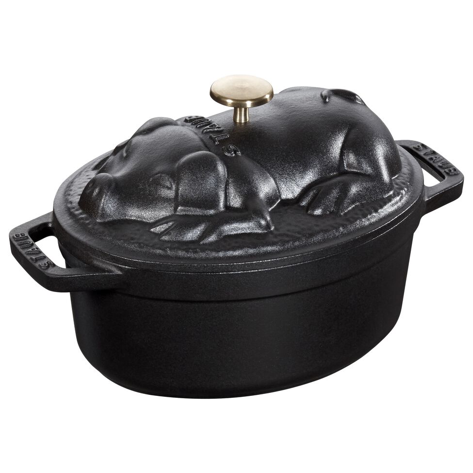 Cocotte Schweinedeckel 17 cm, oval, Schwarz, Gusseisen