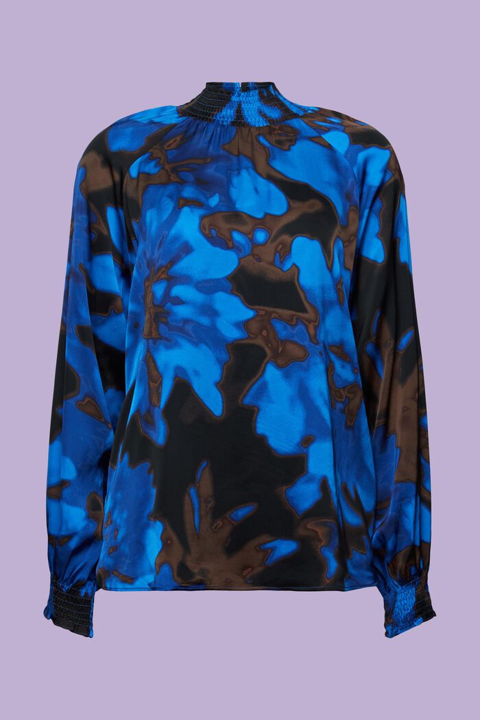 Gesmokte Satinbluse mit Print