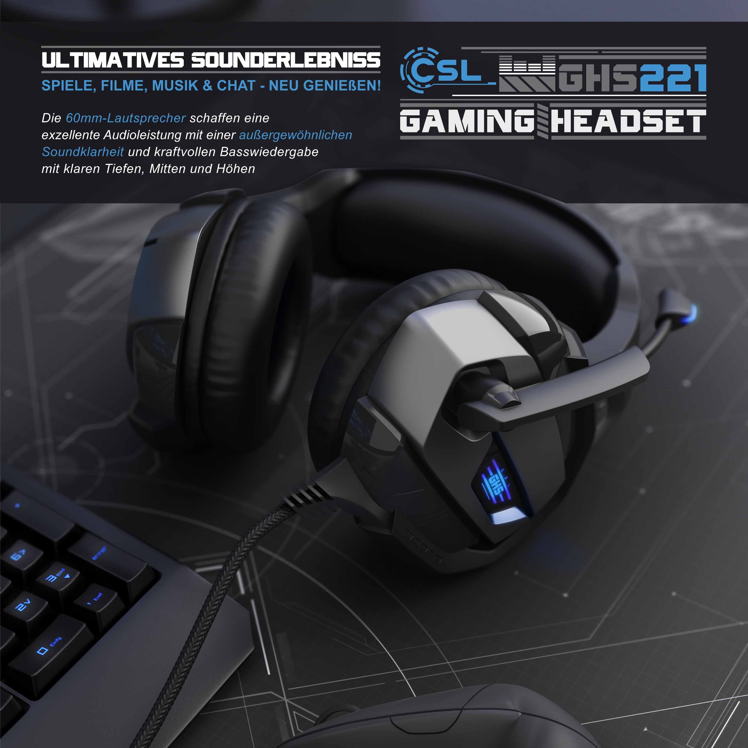 CSL Gaming-Headset (Blaue LED-Beleuchtung; Kopfbügel variabel verstellbar; Bietet kristallklaren Hoch-, Mittel- und Tieftonbereich + dynamische Basswiedergabe, Gaming Headset 