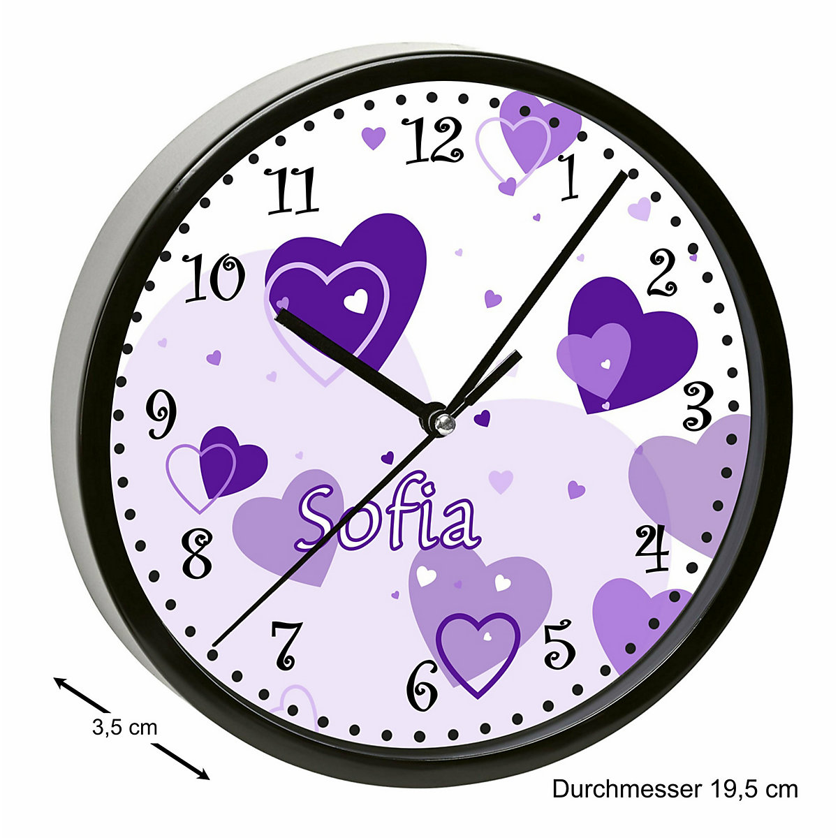 Kinder Wanduhr laufruhig personalisiert mit Name Herz Lila