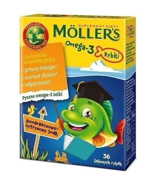 „Mollers Omega-3 Fish“ želė saldainiai vaikams su omega-3 rūgštimis ir vitaminu D3, apelsinų ir citrinų skonio