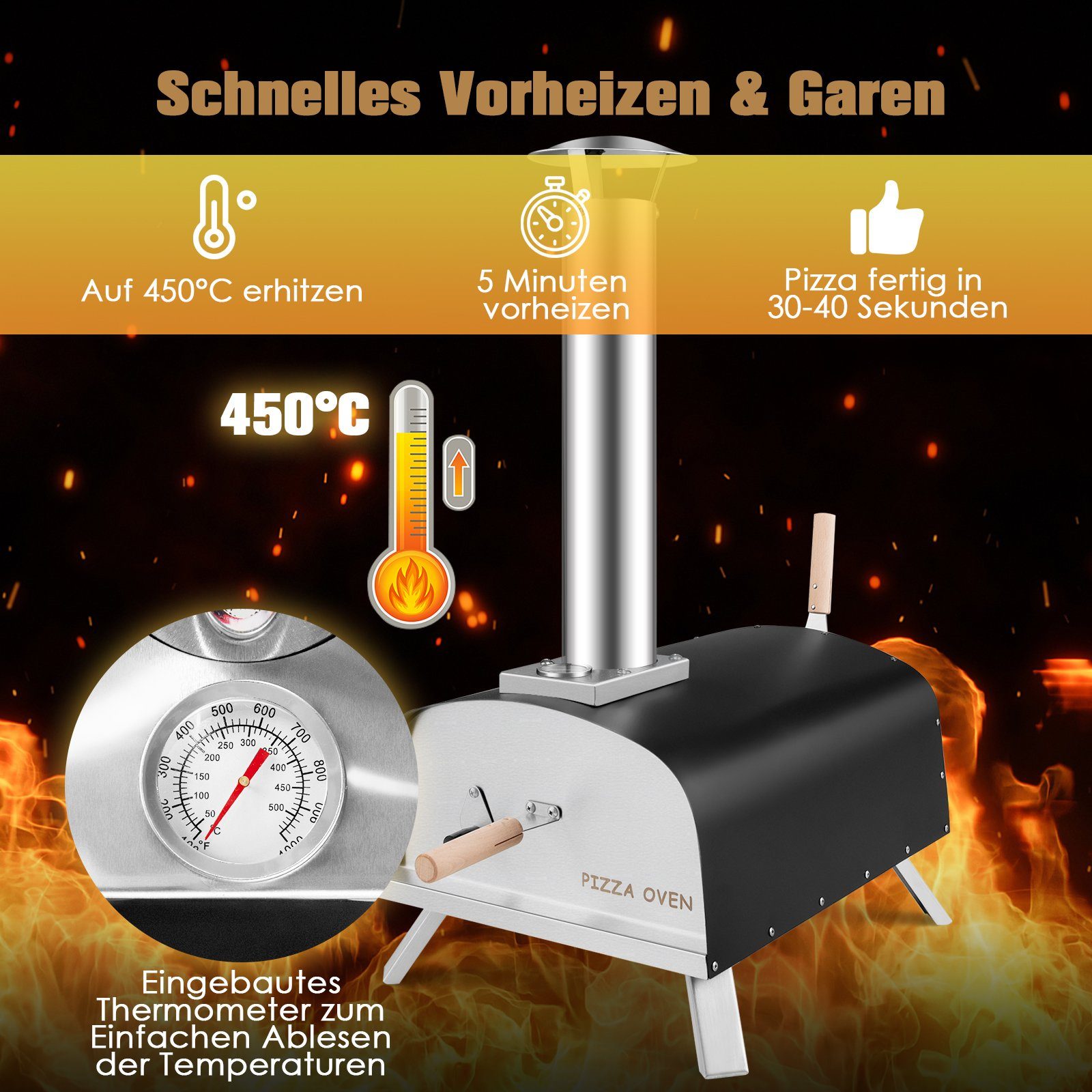 COSTWAY Pizzaofen, inkl. Pizzaschieber & Pizzastein, Gas & Holz, bis zu 450 °C