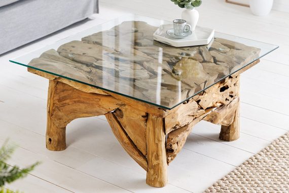riess-ambiente Couchtisch RIVERSIDE 80cm transparent / braun (Einzelartikel, 1-St), Wohnzimmer · Massivholz · Sicherheitsglas · Handarbeit · Maritim