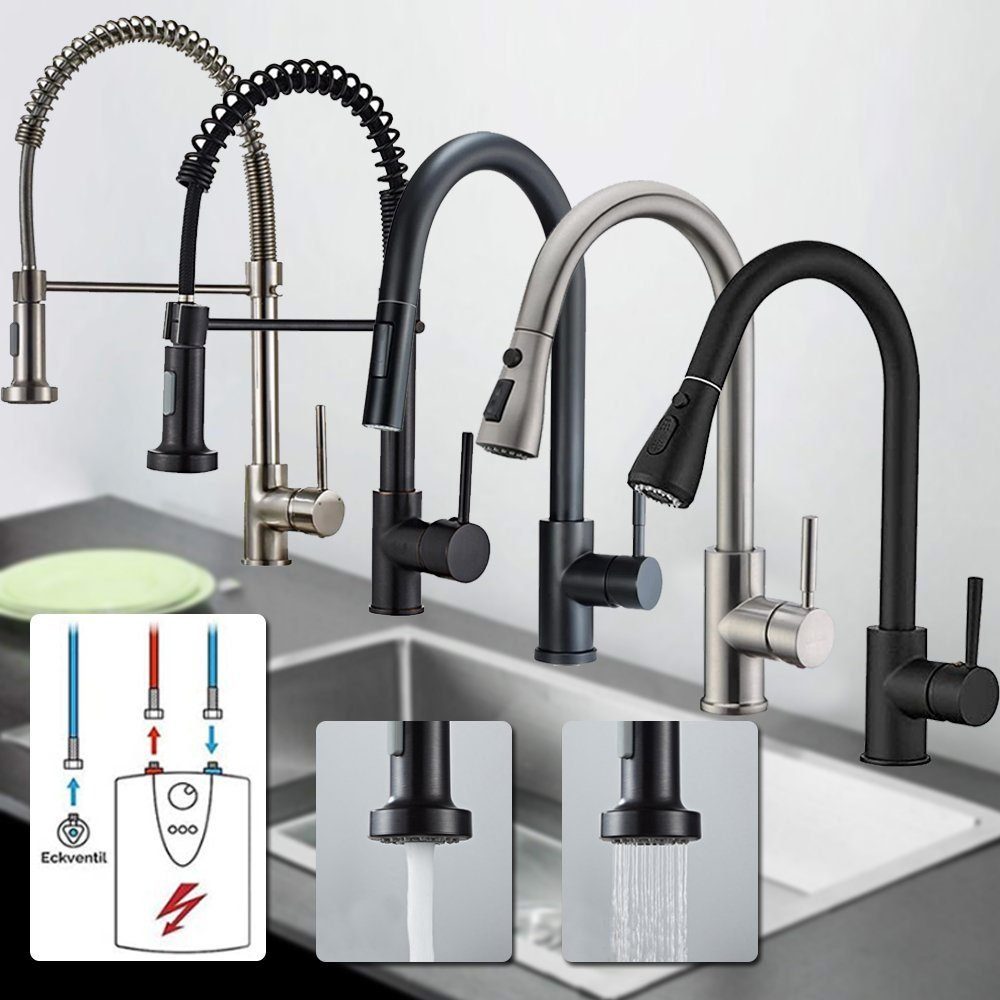 XIIW Waschtischarmatur Niederdruck Wasserhahn Mischbatterien Küchenarmatur Spültischarmatur (mit 3 Anschlussschläuche, Brause Ausziehbar, 360° Schwenkbar, Einhebelmischer Armatur für Küche) Küchenspüle Armatur, Höhe 390MM