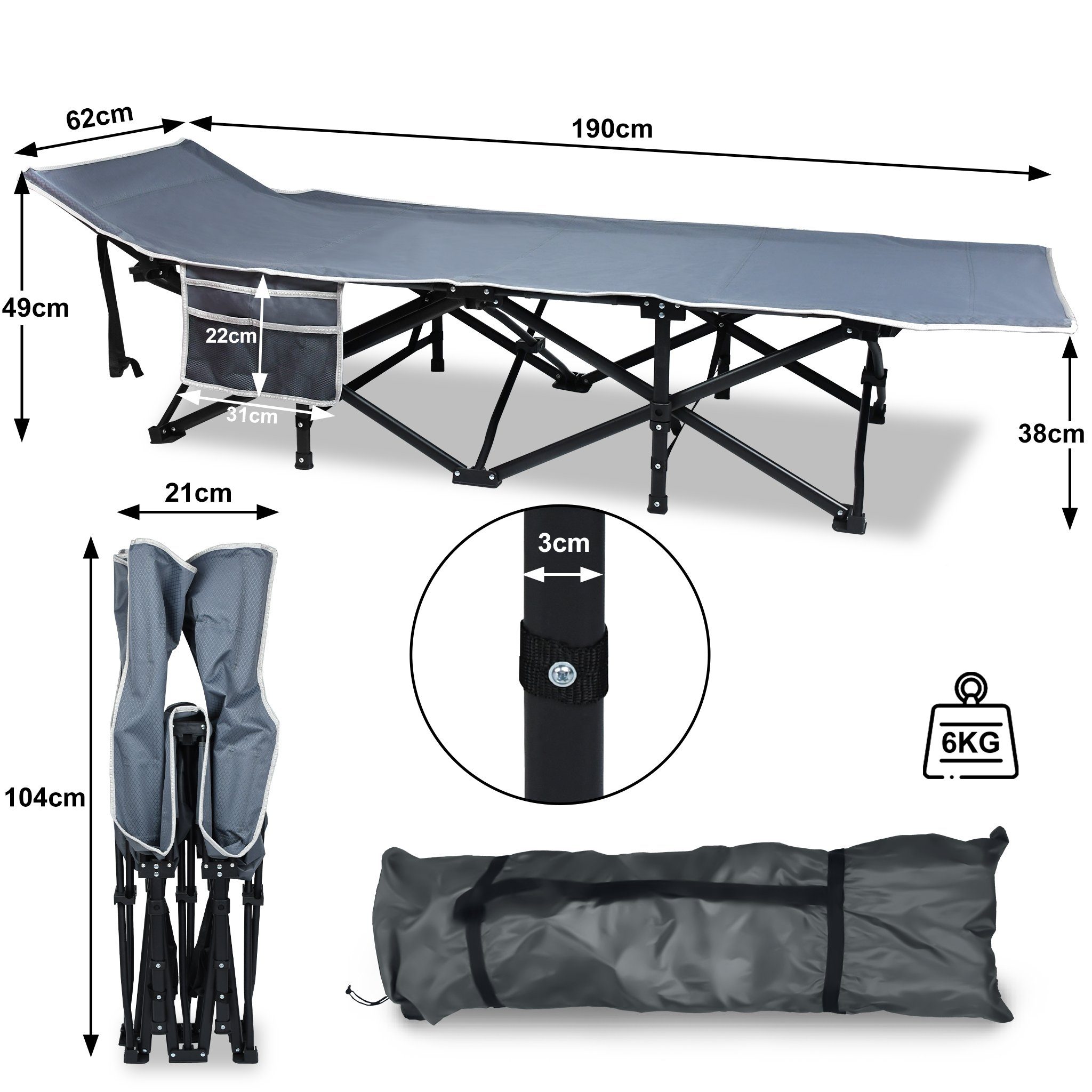 UISEBRT Feldbett Campingbett Klappbar Klappbett Tragbar bis 250 kg