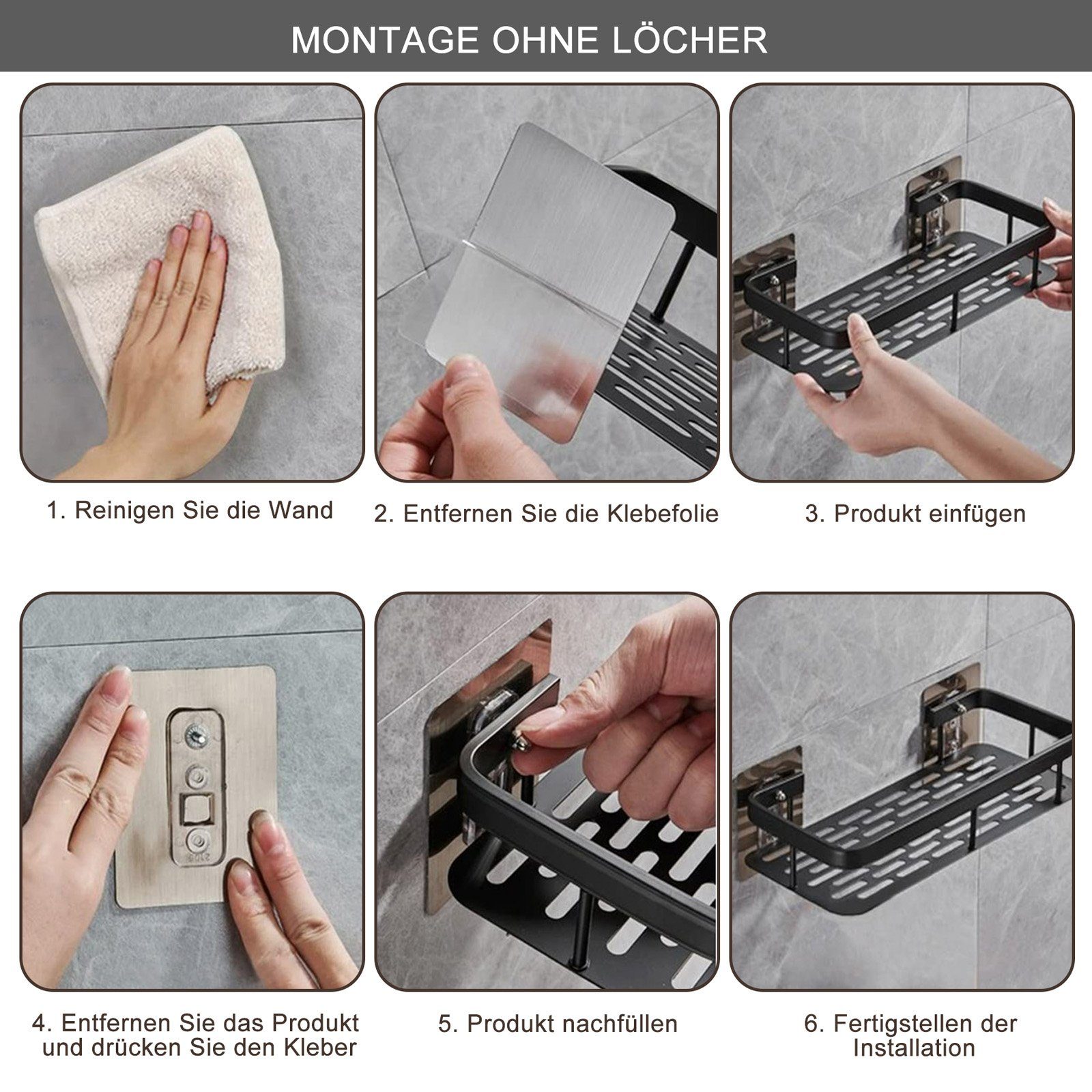 CALIYO Duschregal Duschablage ohne Bohren, 2-Tlg Duschkorb Aluminium rostfrei, Duschregal mit 4 Haken für Handtuch, Bürste und ​Duschschwamm