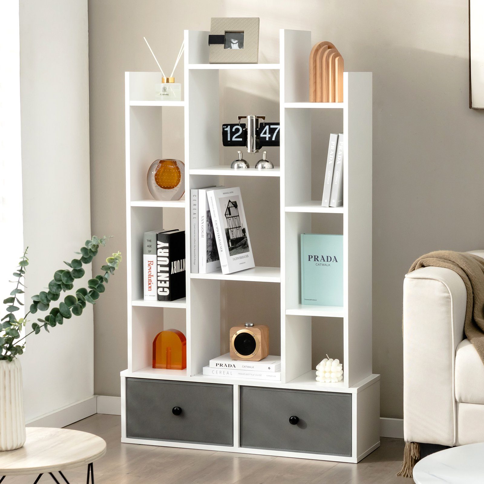 COSTWAY Bücherregal, Standregal mit 12 Fächern und 2 Schublade, 53x24x118cm