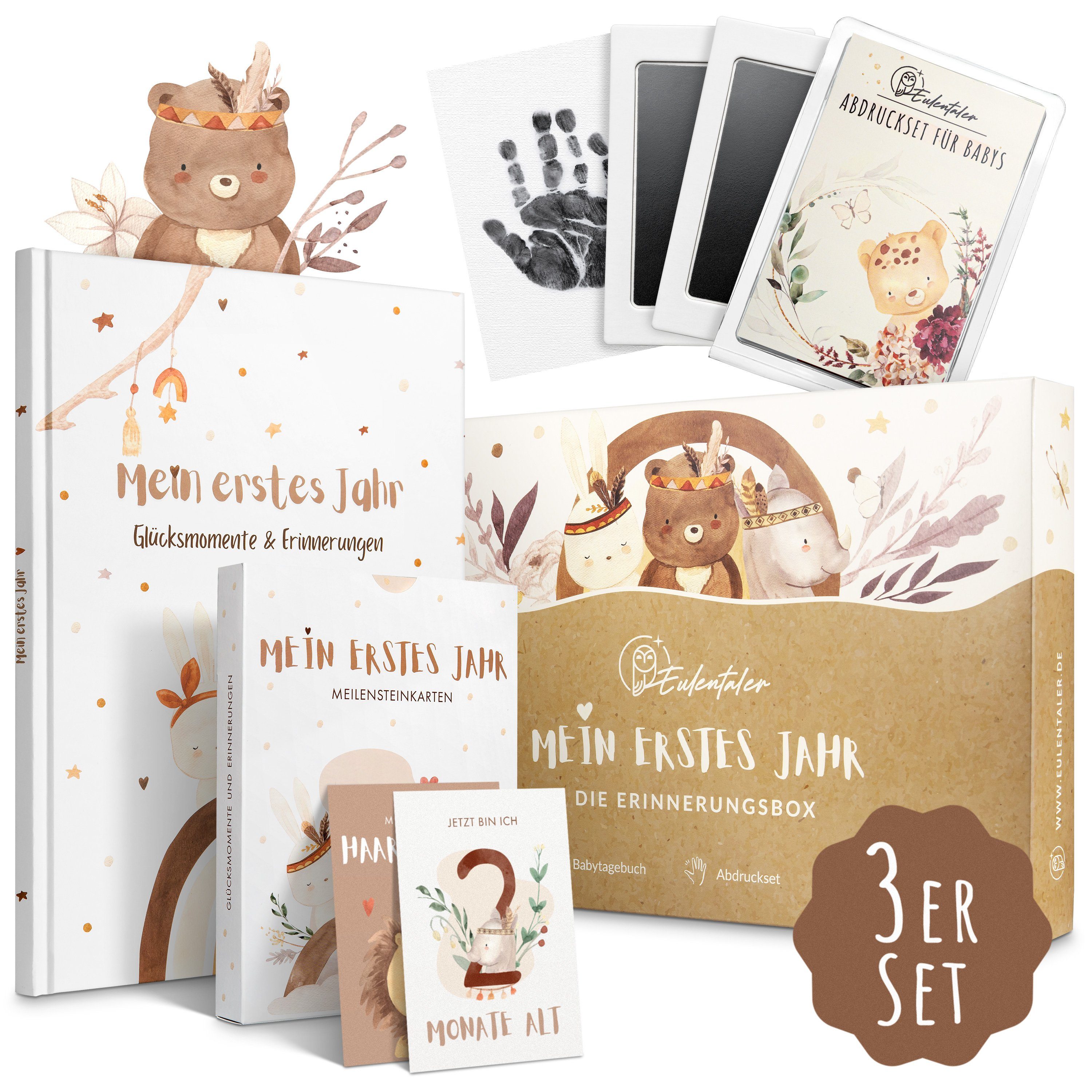 Eulentaler Tagebuch I Die Erinnerungsbox I Mein erstes Jahr I Von Pädagogen gestaltet, I Babytagebuch, 48 Meilensteinkarten & Abdruckset