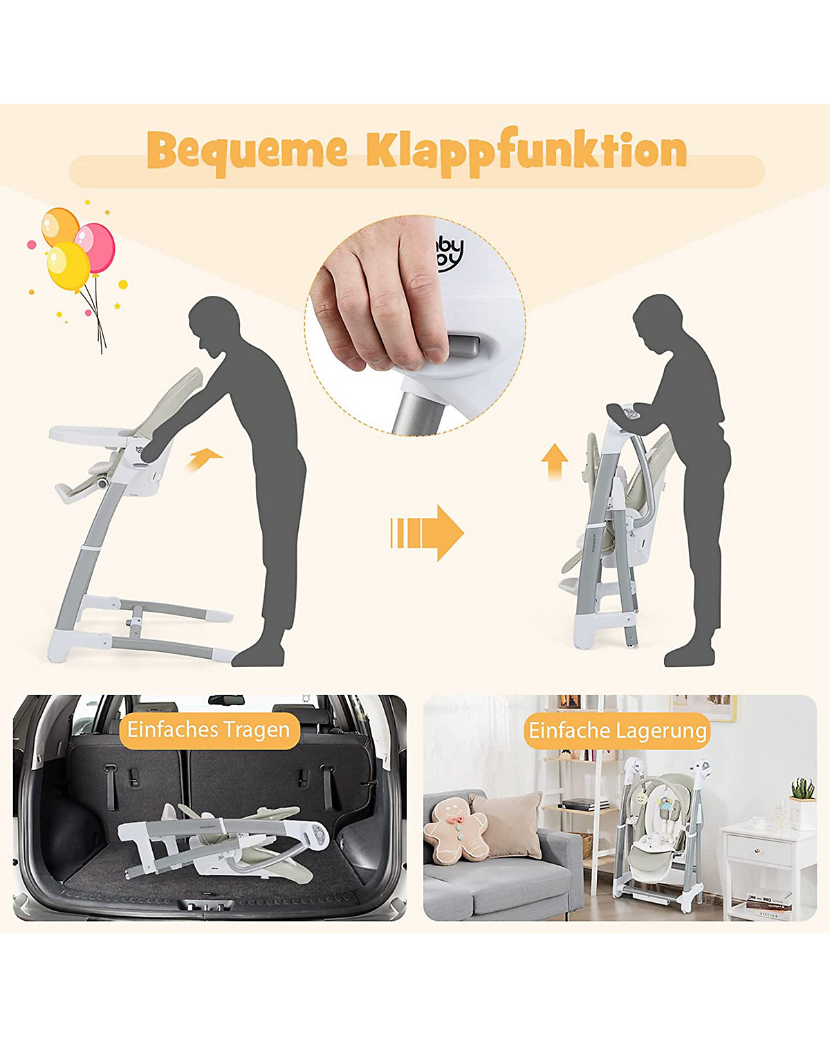3 in 1 Babywippe elektrisch Hochstuhl mit Timer Musik Rädern