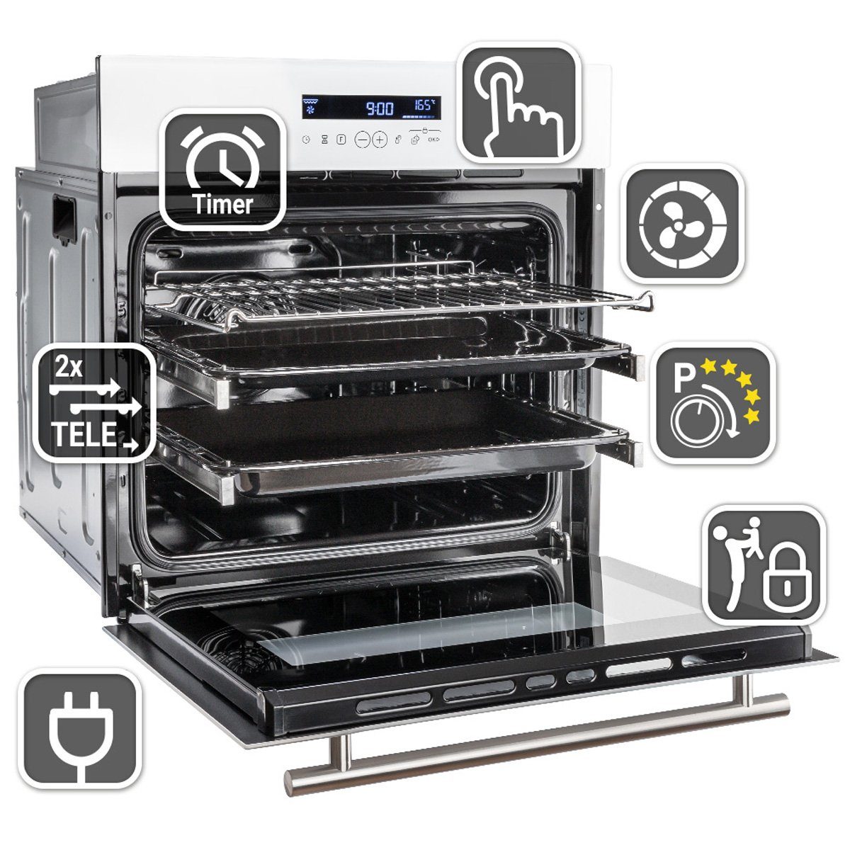 KKT KOLBE Einbaubackofen Backofen Elektroherd EB8015W, mit 2-fach Teleskopauszug, DampfClean, 60cm / 70 l / Heißluft / Touch / Teleskopauszüge / Selbstreinigung