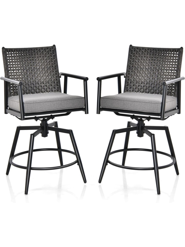 COSTWAY 2er Set Barhocker mit 2-lagiger PE-Rattan-Rückenlehne in Schwarz günstig kaufen onesize