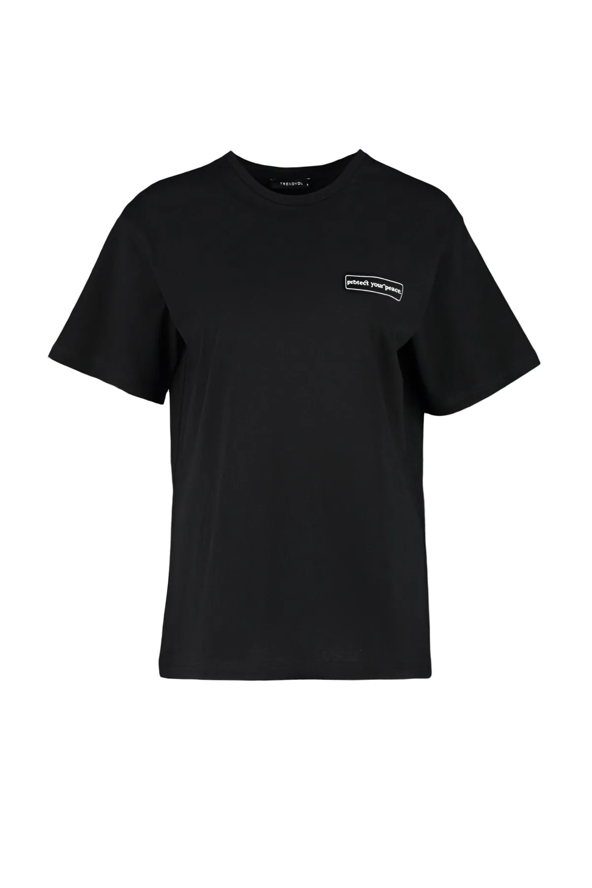 Trendyol Collection  Schwarzes, bedrucktes Boyfriend-Strick-T-Shirt mit Rundhalsausschnitt aus 100 % Baumwolle TWOSS23TS00113