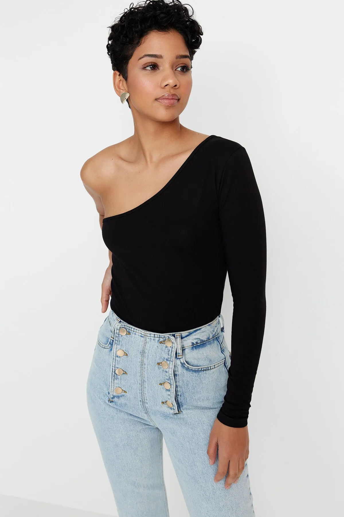 Trendyol Collection  Schwarzer, einärmliger Strick-Body aus Baumwollstretch mit Druckknöpfen TWOSS23BD00013