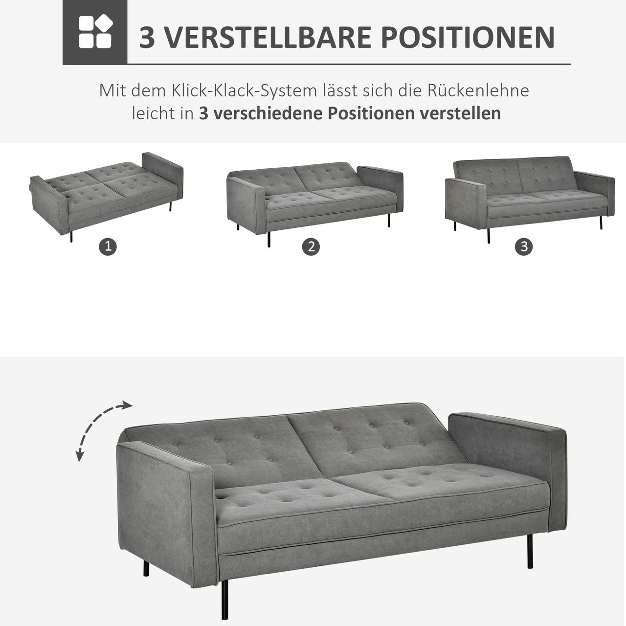 HOMCOM Schlafsofa 3-Sitzer Schlafcouch Stoffsofa Sofa mit Schlaffunktion Bettsofa mit verstellbarer Winkel Vintage Eukalyptusholz Baumwolle Grau